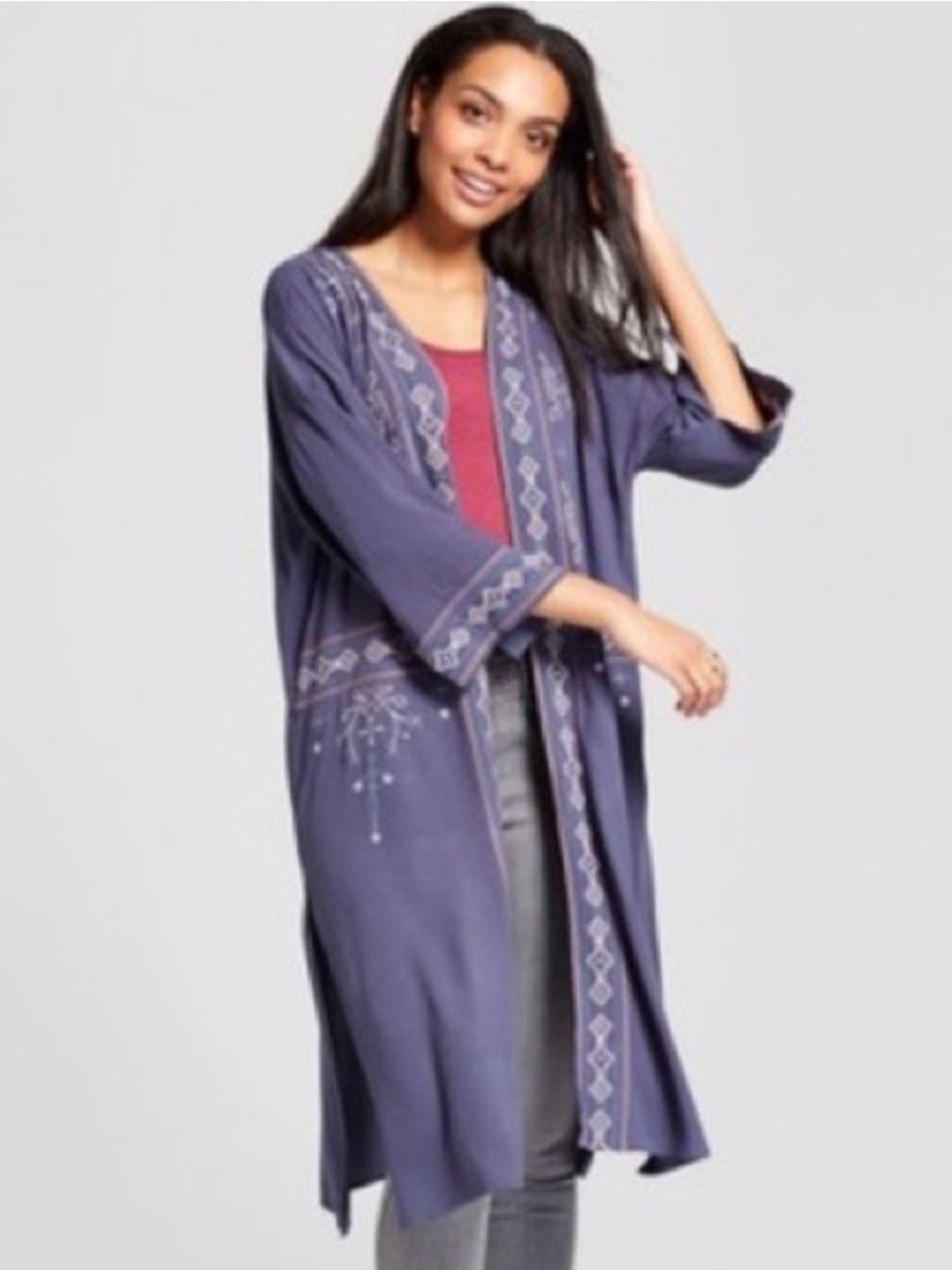Knox Rose Slate Blue Embroidered Open-Front Kimono Duster Medium